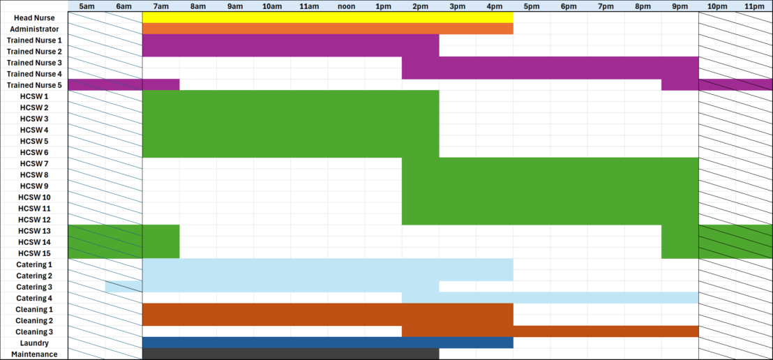Daily staffing profile showing working hours for all roles, with coloured bars indicating coverage and highlighting periods vulnerable to absence.