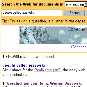 Using Alta Vista to find people called jezewski