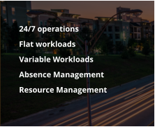 	24/7 operations   	Flat workloads  	Variable Workloads 	Absence Management 	Resource Management