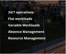 	24/7 operations   	Flat workloads  	Variable Workloads 	Absence Management 	Resource Management